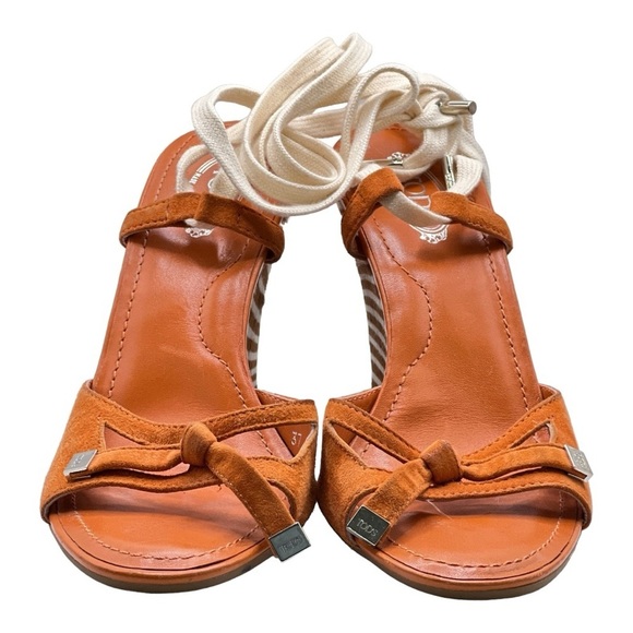 TOD’S Orange & Beige Espadrille Wedge Heels Italian Suede & Patent Leather NWT - Picture 7 of 16